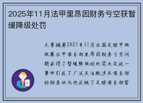 2025年11月法甲里昂因财务亏空获暂缓降级处罚