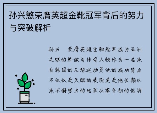 孙兴慜荣膺英超金靴冠军背后的努力与突破解析